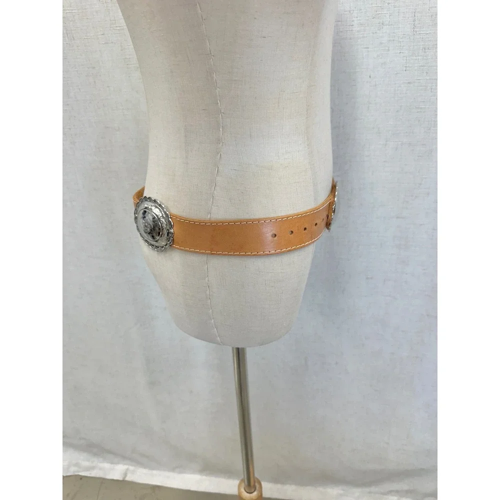 Carole Little Tan Leather Silver Concho Belt Womens Size M Western Boho 90s